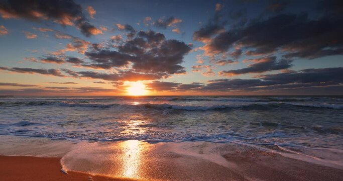 Tropical ocean beach and beautiful color sunrise over caribbean sea shore, Dominican Republic 4k video
