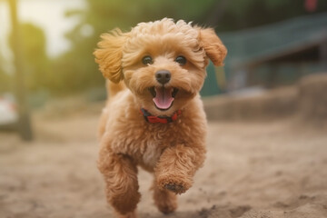 Maltipu puppy - red poodle and Maltese mix - happy jumping outdoor, AI generated