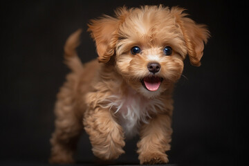 Maltipu puppy - red poodle and Maltese mix - at studio over dark background, AI generated