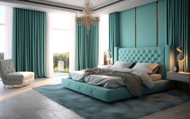 modern living room cyan bedroom interior with comfortable bed and elegant decor, Generative AI	