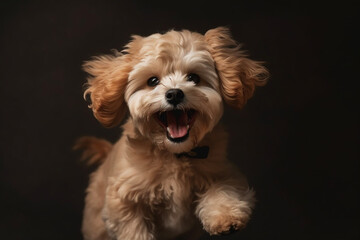 Maltipu puppy - red poodle and Maltese mix - happy jumping at studio, AI generated 