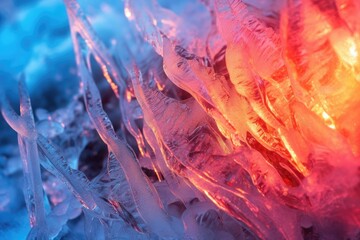 Obraz premium Icicles in the ice cave, close-up macro photo. Generated AI