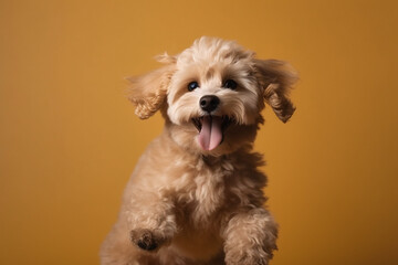 Maltipu puppy - red poodle and Maltese mix - happy jumping at studio, AI generated illustration