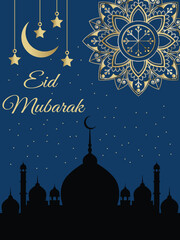 Eid Mubarak with mosque silhouette for greeting card, vector. blue twinkle star background with the isolated mosque. islamic design with mosque and blue background. vector illustration.