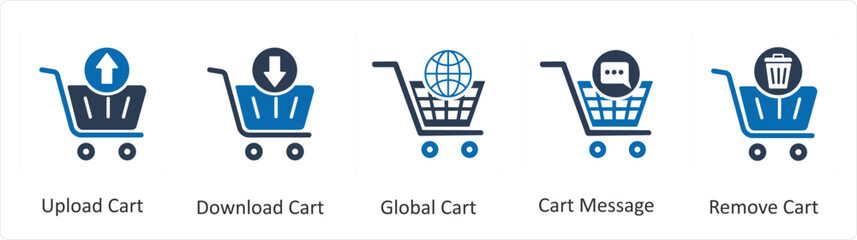 A set of 5 Business icon as upload cart, download cart, global cart