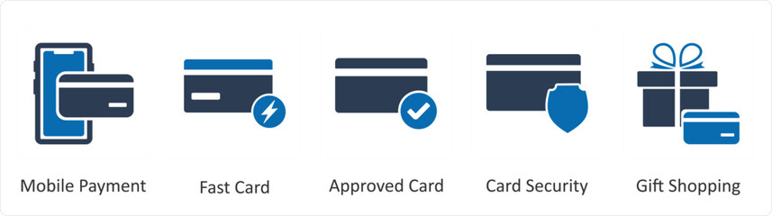 A set of 5 Business icons as mobile payment, fast card, approved card