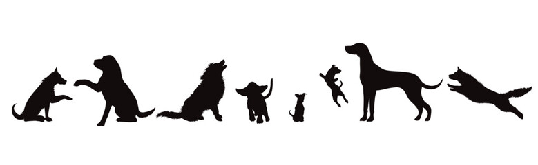 Set of vector silhouette of different dogs on white background.