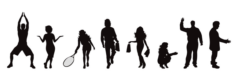 Set of vector silhouette of different people on white background.