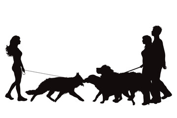 Vector silhouette of couple with dogs on white background.