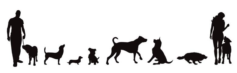 Set of vector silhouette of different dogs on white background. - 606773768