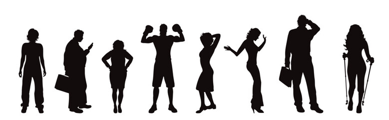 Set of vector silhouette of different people on white background.