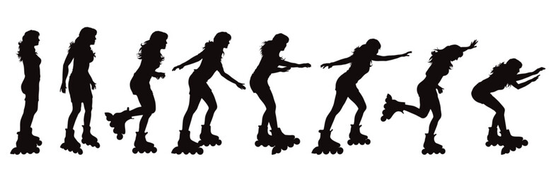 Set of vector silhouette of woman on roller skates on white background.