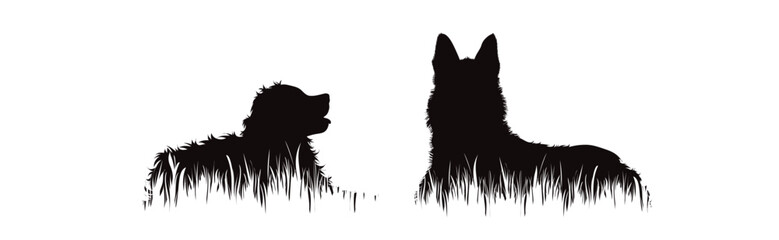 Vector silhouette of dogs lying in the grass in park.
