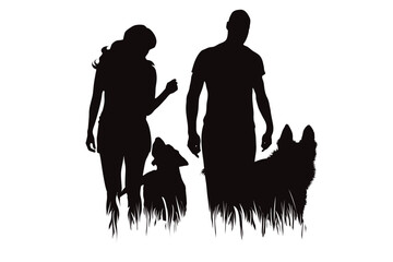 Vector silhouette of couple with their happy dogs in park on white background.