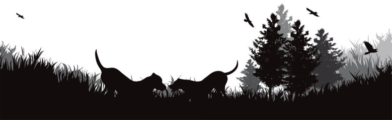 Vector silhouette of dogs playing in the grass in park. - 606773921