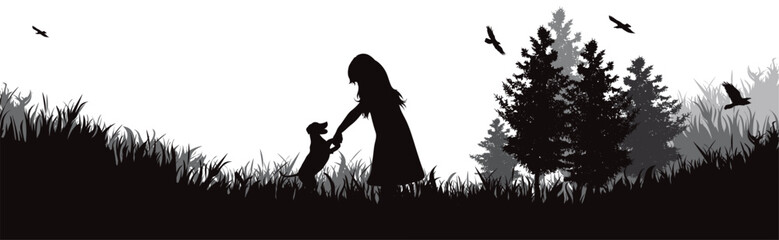 Obraz na płótnie Canvas Vector silhouette of happy child with his dog in nature.