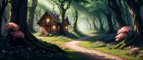 Landscape of a beautiful wooden house deep in the fairytale enchanted forest with big trees and lush vegetation, on a calm spring day - Generative AI Illustration