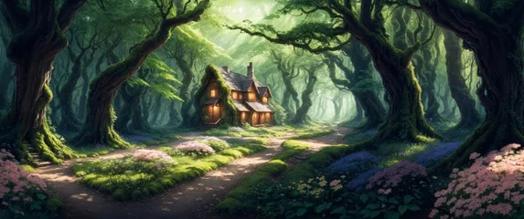 Foto op Canvas Landscape of a beautiful wooden house deep in the fairytale enchanted forest with big trees and lush vegetation, on a calm spring day - Generative AI Illustration © Starstruck