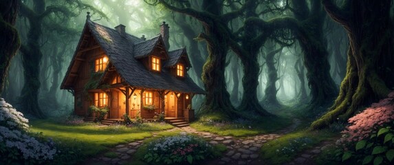 Landscape of a beautiful wooden house deep in the fairytale enchanted forest with big trees and lush vegetation, on a calm spring day - Generative AI Illustration