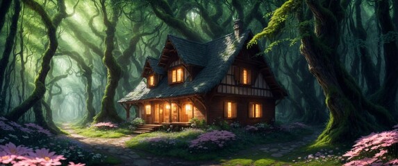 Fototapeta na wymiar Landscape of a beautiful wooden house deep in the fairytale enchanted forest with big trees and lush vegetation, on a calm spring day - Generative AI Illustration