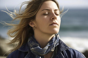 Medium shot portrait photography of a woman in her 30s practicing mindfulness sophrology relaxation & stress-reduction wearing a denim jacket against a surf shop or beach activity background