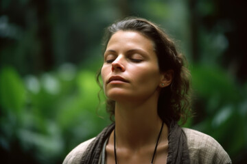 Naklejka premium Portrait of a beautiful young woman with closed eyes in the forest