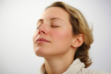 Portrait of a beautiful woman with closed eyes on a white background