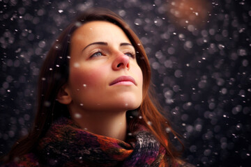 Portrait of a beautiful young woman in winter clothes under snowfall
