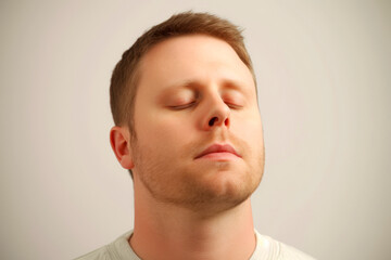 Handsome young man with closed eyes, isolated on grey background
