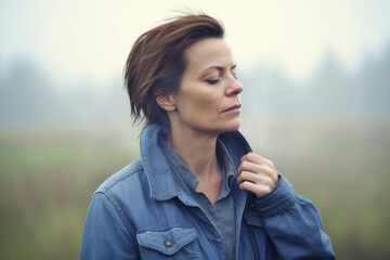 Portrait of a young woman in a blue jacket in the fog