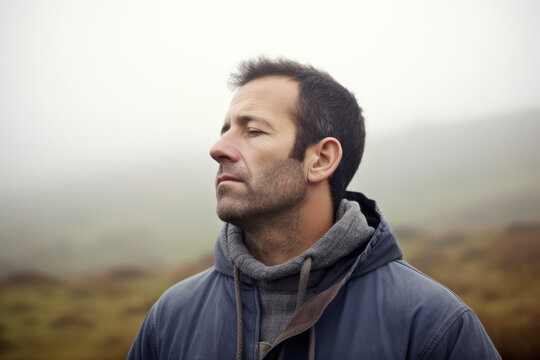 Portrait of a handsome man on a misty mountain top.