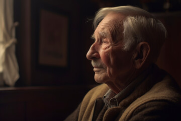 Portrait of an old man in a dark room. Side view.