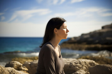 Young woman sitting on a rock by the sea looking to the side