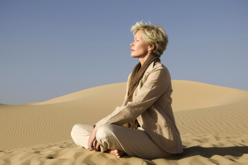 Beautiful middle-aged woman sitting in the desert, looking away
