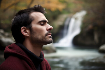 Young man in front of a waterfall in the autumn forest, looking up