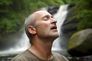Man looking up at waterfall in the forest, close-up portrait