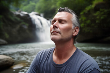Handsome man standing by waterfall in tropical forest and thinking.