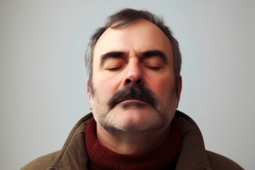 Obraz premium Portrait of a middle-aged man with a mustache on a gray background