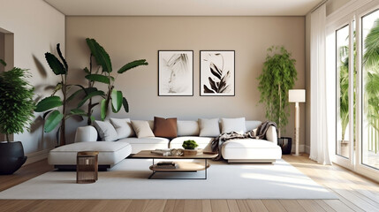 modern living room featuring clean lines and a minimalist color palette with pops of greenery