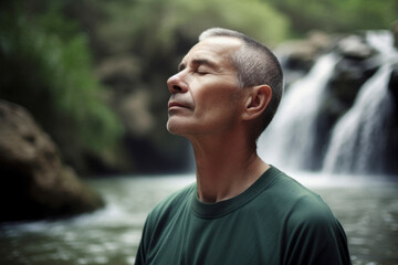 Man in front of a waterfall looking to the side with eyes closed