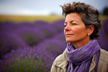 Portrait of a middle-aged woman in lavender field.