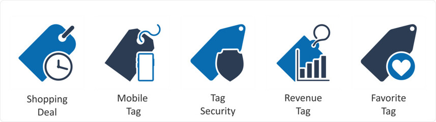 A set of 5 Business icons as shopping deal, mobile tag, tag security
