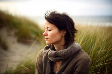Portrait of a young woman with closed eyes on the beach.