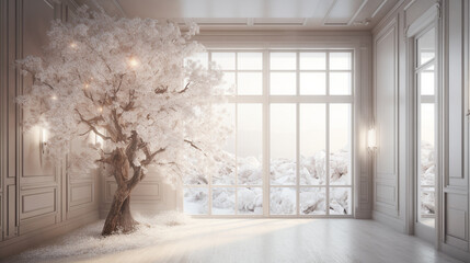 Snowy Haven: Room with Delicate Floral Tree Digital Backdrops PNG and Calming Translucent Ambiance