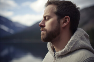 Young bearded man in a warm sweater on the background of a mountain lake