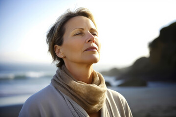 Portrait of mature woman standing on beach with eyes closed looking away