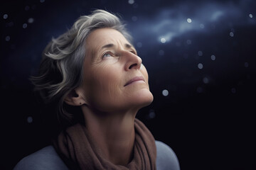 Portrait of thoughtful senior woman looking away against black background with lights