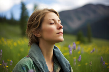 Portrait photography of a woman in her 30s practicing mindfulness sophrology relaxation & stress-reduction wearing a chic cardigan against an alpine meadow or mountain wildflowers background - obrazy, fototapety, plakaty