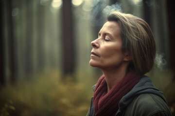 Portrait of a beautiful woman in the forest with smoke in her hair