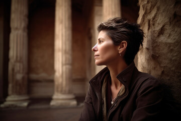Young woman standing in front of the ancient temple in Rome, Italy